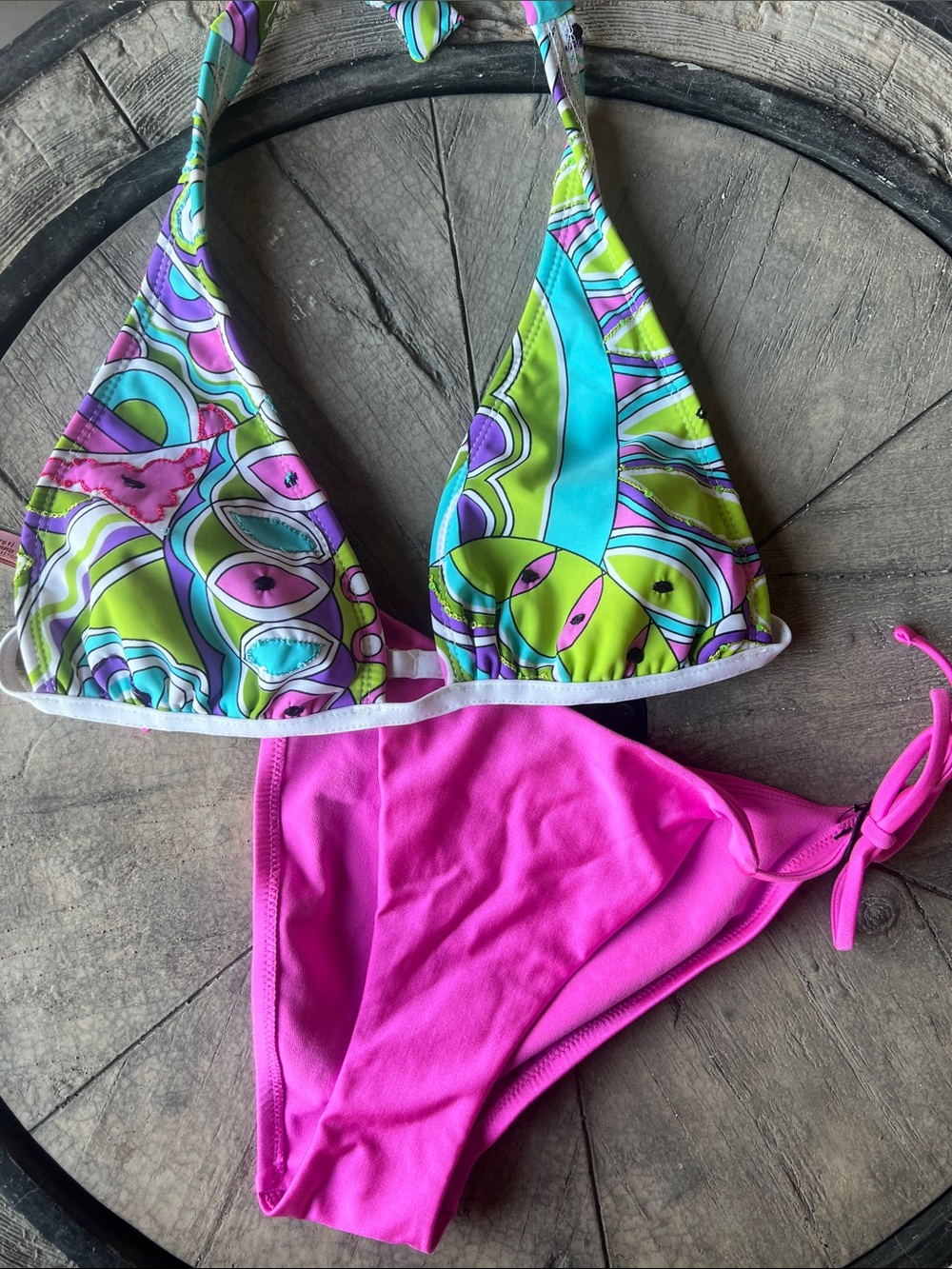Colorful Kirsti Krinna Triangle Med Bikini Top with Pink Tie-Side Bottoms B37